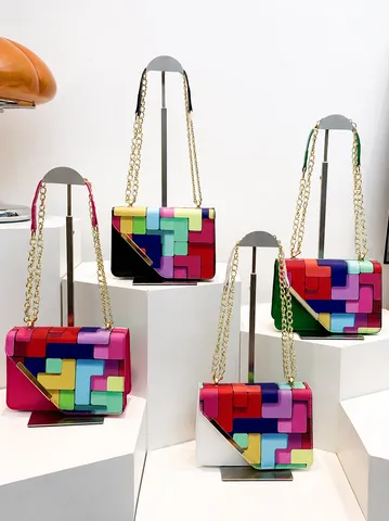 Sac Bandoulière Mode en Cuir PU pour Femmes Color-Blocking Sac Carré Chaîne Tendance Sac Épaule Polyvalent