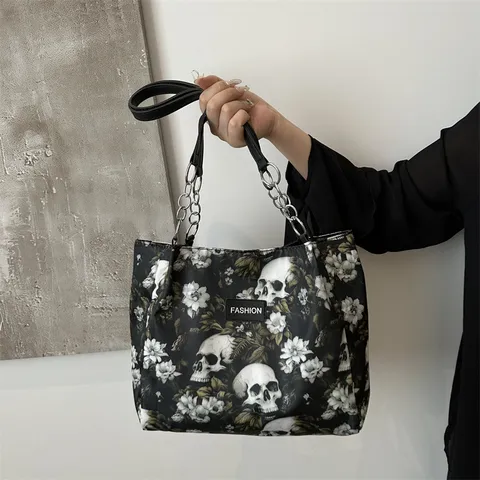 Women's Large Capacity Oxford Cloth Tote Bag Gothic Skull Floral Print Casual Shoulder Handbag Daily Commuter