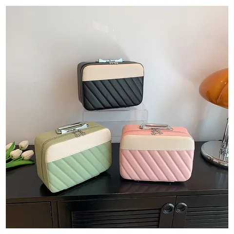 Large Capacity Quilted PU Leather Cosmetic Bag Portable Handheld Makeup Storage Box Fashion Travel Toiletry Organizer