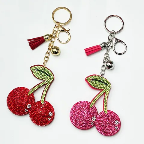 Sparkling Rhinestone Cherry Keychain Crystal Fruit Bag Charm With Tassel Cute Metal Key Ring Fashion Accessories