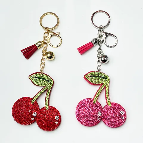 Sparkling Rhinestone Cherry Keychain Crystal Fruit Bag Charm With Tassel Cute Metal Key Ring Fashion Accessories