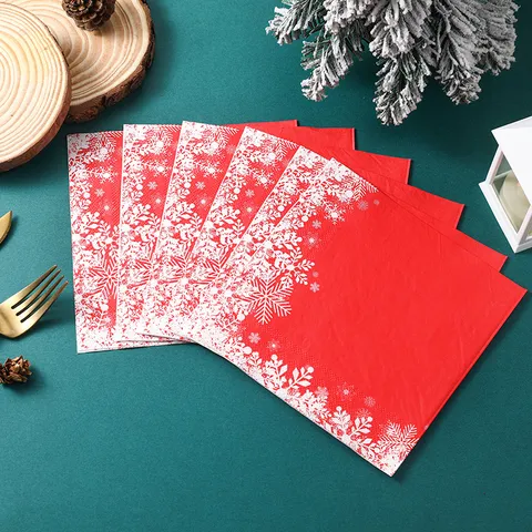 Christmas Snowflake Red Napkin Printed Tissue Disposable Paper Napkins For Western Restaurant Party Baking Table Decor