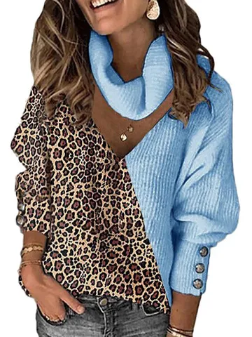 Pull en Tricot Ajouré à Col Écharpe Col V Imprimé Léopard Color Block Décontracté pour Femmes Top Pull Manches Longues