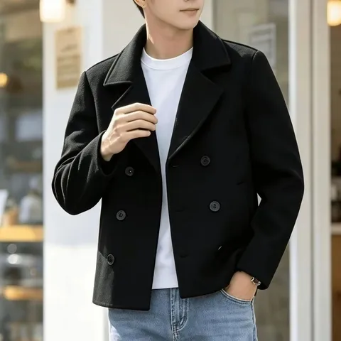 Heren Casual Wolmix Korte Trenchcoat Slim Fit Dubbelrijig Revers Winter Bovenkleding Jas