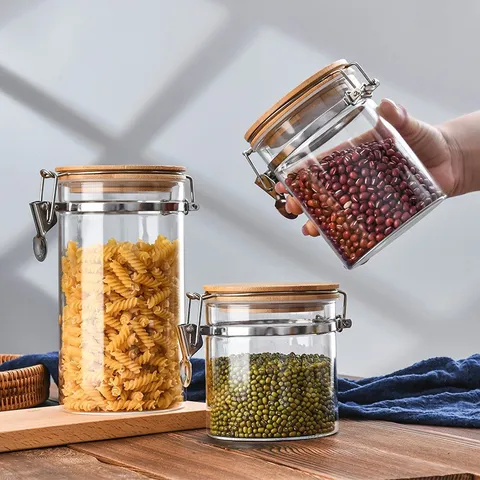 Pot de Stockage de Nourriture en Verre Borosilicaté Clair Avec Couvercle en Bambou et Boucle d'Étanchéité Organisateur de Cuisine