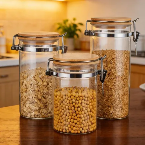 Pot de Stockage de Nourriture en Verre Borosilicaté Clair Avec Couvercle en Bambou et Boucle d'Étanchéité Organisateur de Cuisine