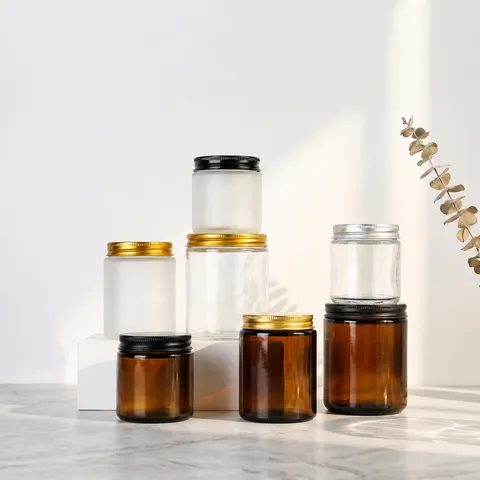 Brown Clear Frosted Glass Candle Jar Empty Aromatherapy Bottle With Metal Lid For DIY Candle Making Storage Container