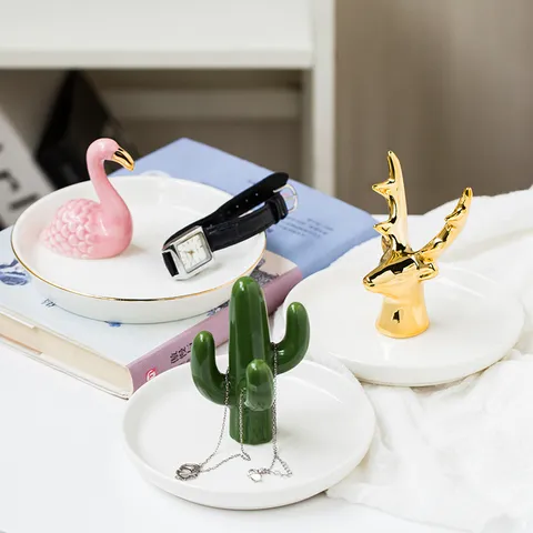 Nordic Ceramic Animal Jewelry Tray Flamingo Rabbit Cactus Deer Ring Dish Holder Home Dresser Storage Decor