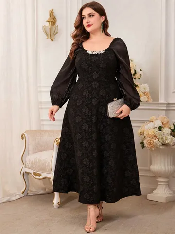 Damen Übergröße Elegantes Schwarzes Jacquard Kleid Quadratischer Ausschnitt Strass Puffärmel A-Linie Maxikleid Formelle Party Abendkleid