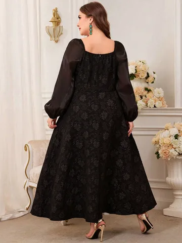Damen Übergröße Elegantes Schwarzes Jacquard Kleid Quadratischer Ausschnitt Strass Puffärmel A-Linie Maxikleid Formelle Party Abendkleid