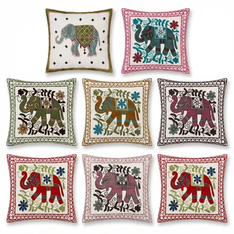 Housse de Coussin Décorative en Coton Brodé Éléphant Style Thaïlandais d'Asie du Sud-Est pour Salon de Chambre