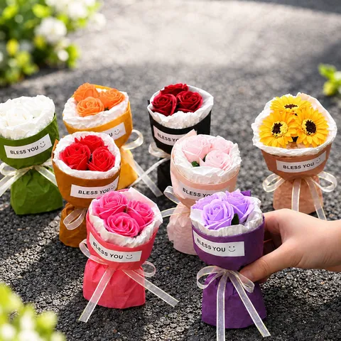 Mini Soap Flower Rose Sunflower Bouquet Pocket Gift Box Artificial Floral Craft Romantic Birthday Party Home Decor