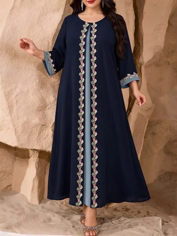 Plus Size Elegant Long Robe Women Fall Autumn Long Sleeve Embroidered Maxi Dress Casual Banquet Party Abaya Dress