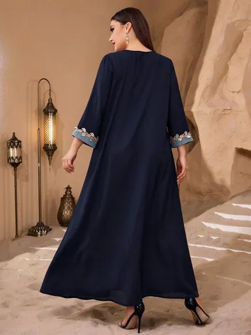 Plus Size Elegant Long Robe Women Fall Autumn Long Sleeve Embroidered Maxi Dress Casual Banquet Party Abaya Dress