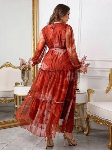 Übergröße Elegantes Langes Kleid Damen Herbst Botanischer Blumen Print Langarm Rundhals Bindetaille Gestuftes Maxi Kleid