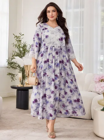 Damen Übergröße Langes Maxi-Kleid Elegantes V-Ausschnitt Dreiviertelarm Blumen Gedruckt Spitze Patchwork Lässiges Loses Kleid