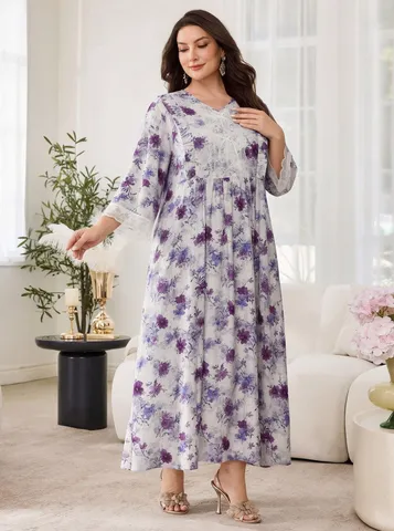 Damen Übergröße Langes Maxi-Kleid Elegantes V-Ausschnitt Dreiviertelarm Blumen Gedruckt Spitze Patchwork Lässiges Loses Kleid