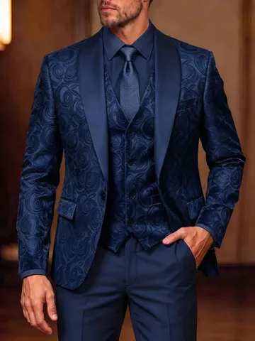 Set Completo da Uomo Elegante Jacquard a Rose Con Collo a Scialle Giacca Smoking Formale Gilet e Pantaloni per Matrimonio Banchetto