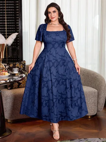 Damen Plus Size Jacquard Abendkleid Quadratischer Ausschnitt Kurzer Flatterärmel Hohe Taille Lattes Langes Kleid Sommer Partybekleidung