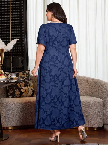 Damen Plus Size Jacquard Abendkleid Quadratischer Ausschnitt Kurzer Flatterärmel Hohe Taille Lattes Langes Kleid Sommer Partybekleidung