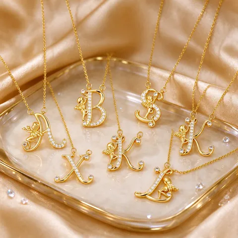 Engel Beginletter Hanger Halsketting Voor Vrouwen Koper 18K Verguld Zirconia Sleutelbeenketting Elegante Alfabet Sieraden Cadeau