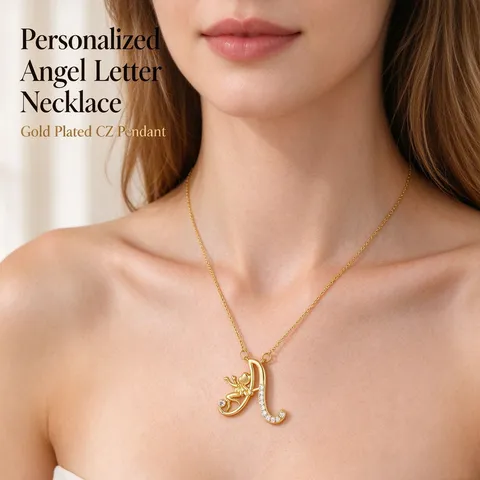 Engel Beginletter Hanger Halsketting Voor Vrouwen Koper 18K Verguld Zirconia Sleutelbeenketting Elegante Alfabet Sieraden Cadeau