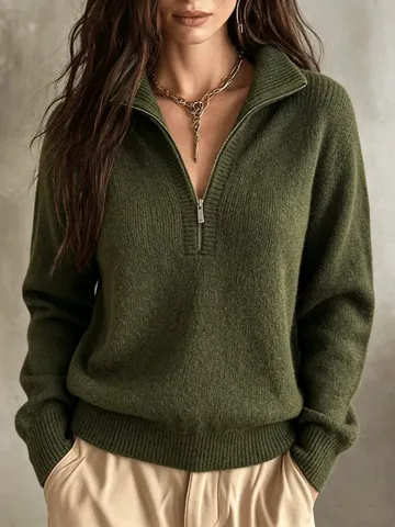 Women Casual Long Sleeve Solid Color Knit Pullover Sweater Half Zip Turn Down Collar Slim Fit Fashion Top