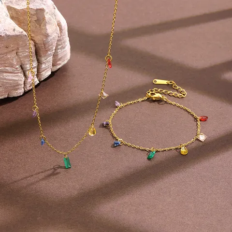 Minimalist Stainless Steel Crystal Stone Pendant Necklace Bracelet Anklet Gold Plated Fashion Jewelry Gift For Women