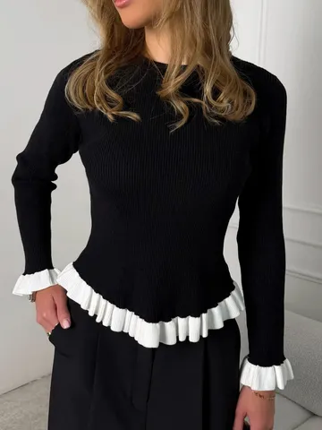 Damen Slim Fit Langarm Strickpullover Rundhals Kontrast Rüschen Patchwork Casual Pullover Top