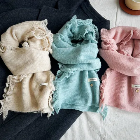 Sweet Lace Trim Knitted Scarf Winter Warm Thickened Solid Color Minimalist Scarf