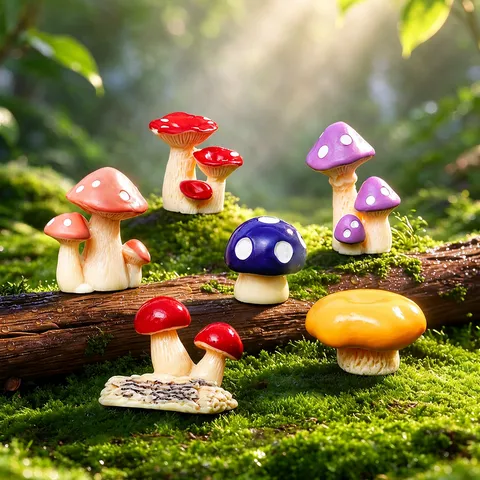 Miniature Mushroom Cluster Figurines Resin Colorful Dotted Garden Decor DIY Micro Landscape Ornament