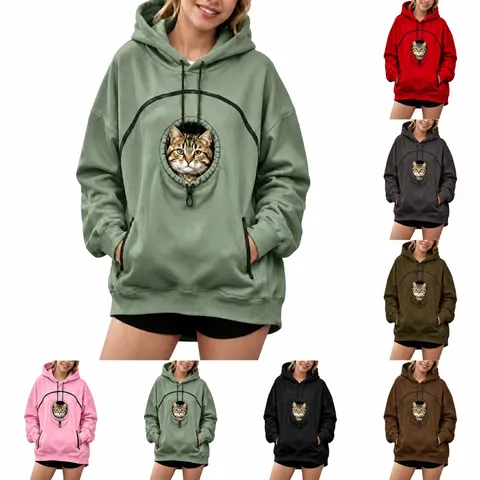 Women's Loose Cat Carrier Hoodie Fleece Lined Warm Sweatshirt Long Sleeve Zipper Pet Pouch Pullover Casual Winter Top
