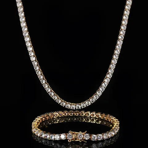 Luxe Iced Out Tennis Kettingset Ketting Armband Koper Zirkonia Hip Hop Sieraden Goud Zilver Verguld Mannen Vrouwen Feestaccessoires