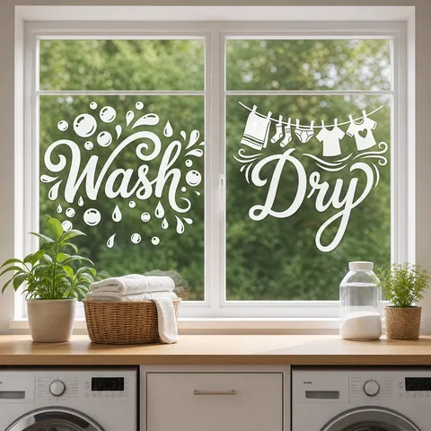 Waschküche Deko Wandtattoo PVC Wasserdicht Wash Dry Text Kranz Herz Aufkleber Für Waschmaschine Glas Dekoration