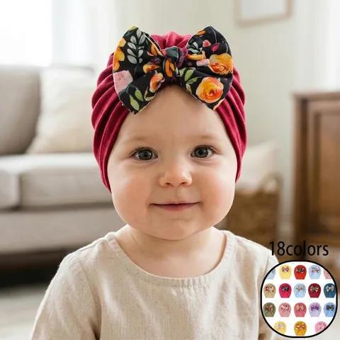 Soft Cloth Baby Turban Hat With Big Floral Bow Newborn Infant Headwrap Cute Knot Beanie Hat For Toddler Girls Accessory