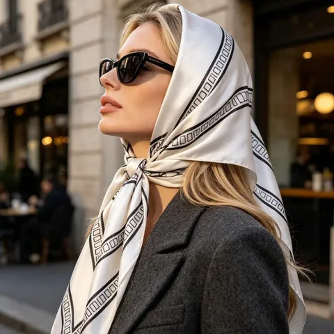 Damen Mode Satin Quadratischer Schal Elegant Geometrische Kette Blumenmuster Seidenartig Satin Halstuch Stola Haar Bandana Für Alltag Reisen