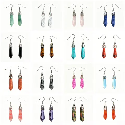 Natural Stone Hexagonal Prism Dangle Earrings Crystal Point Healing Gemstone Hollow Flower Cap Bohemian Jewelry For Women