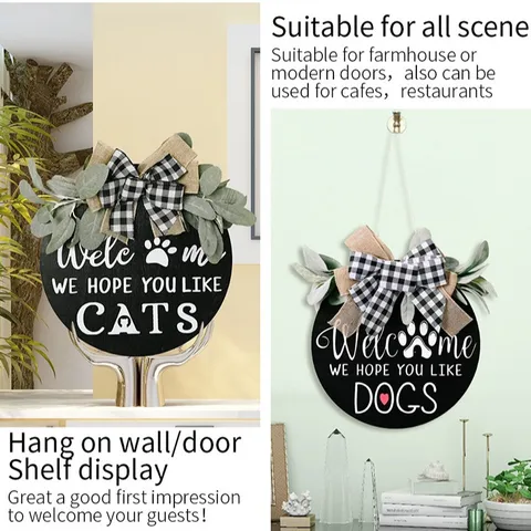 Round Wooden Welcome Door Sign With Plaid Bow Faux Greenery Farmhouse Wall Decor For Cat Dog Lovers Pet Theme Home Wreath