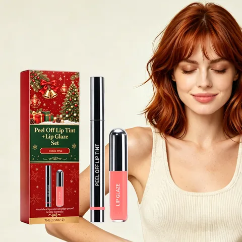 Christmas Limited Peel Off Lip Tint And Lip Gloss Set Coral Pink Long Lasting Moisturizing Waterproof Lip Makeup Gift