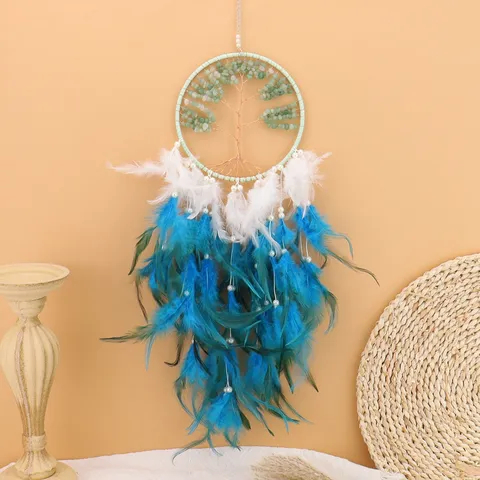 Handmade Tree of Life Crystal Gravel Dreamcatcher With Feathers Romantic Wind Chime Hanging Ornament For Bedroom Home Decor