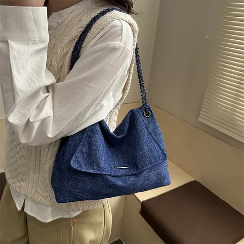 Damen Casual Denim Tote Bag Große Kapazität Kette Umhängetasche Vintage Waschgewebe Crossbody Handtasche Für Tägliches Pendeln
