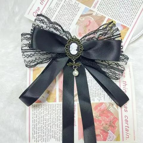 Broche de Lazo de Encaje Negro Lolita Japonés para Mujer Cameo Vintage Cinta Pajarita Joyería de Cuello Accesorio Estilo Academia JK