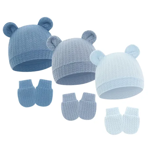 Newborn Baby Knit Hat And Gloves Set Cute Animal Ear Waffle Thermal Beanie Infant Cap Winter Warm Accessories