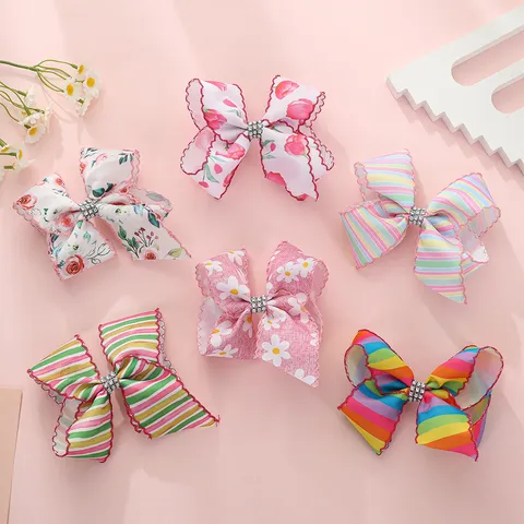 Grote Polyester Strik Haarspeldjes Voor Meisjes Strass Schulprand Bloemenprint Strik Haarpeld Kinderen Haaraccessoires