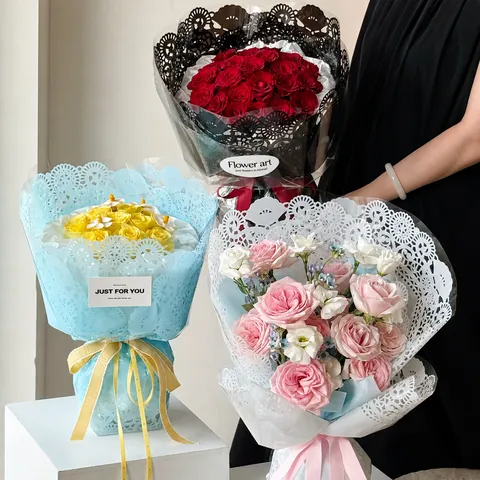 Moderne Quadratische Spitze Hohl Blumenwickelpapier Wasserdicht OPP Cellophan Verpackung Blätter Für Bouquet Dekoration Geburtstag Hochzeit Floral Zubehör