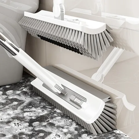 Long Handle Floor Scrub Brush With Squeegee And Durable Bristles V Shaped Tile Cleaner For Bathroom Wall Toilet