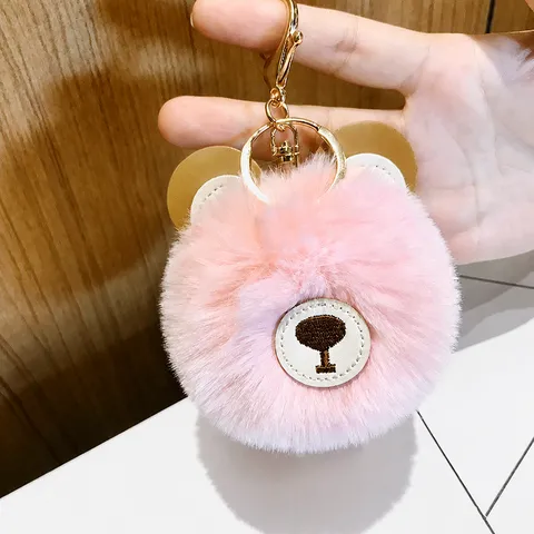 Cute Teddy Bear Keychain Plush Pom Pom Key Ring PU Leather Cute Animal Bag Pendant Key Accessories