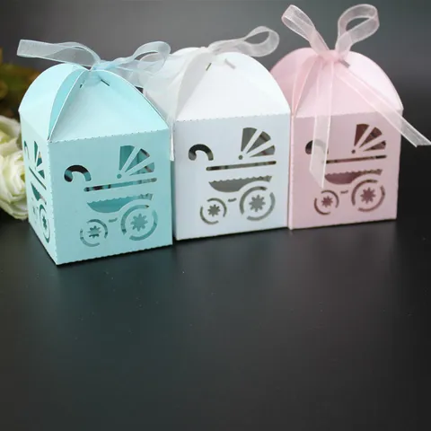 Baby Shower Candy Box Hollow Stroller Paper Gift Box Birthday Party Wedding Favor Candy Packaging Box With Ribbon
