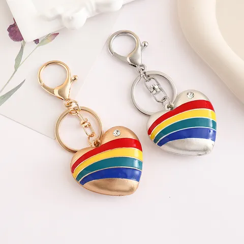 Llavero de Corazón Esmaltado Rayas Coloridas Strass Llavero de Metal Anillo Colgante de Bolso Llavero de Coche Regalo de Joyería de Moda