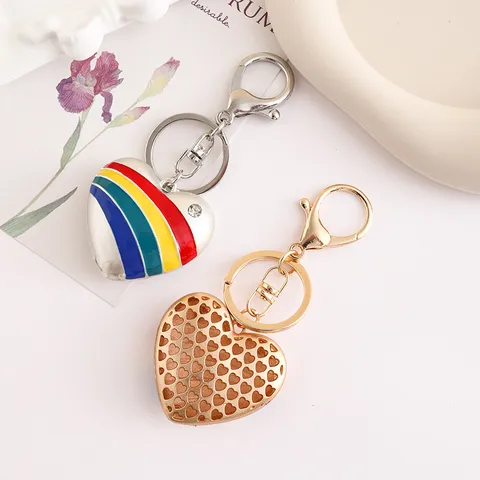 Llavero de Corazón Esmaltado Rayas Coloridas Strass Llavero de Metal Anillo Colgante de Bolso Llavero de Coche Regalo de Joyería de Moda